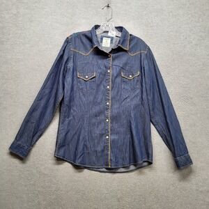 Panhandle Rough Stock Women Button Up Shirt M Blue Denim Pearl Western Yoke